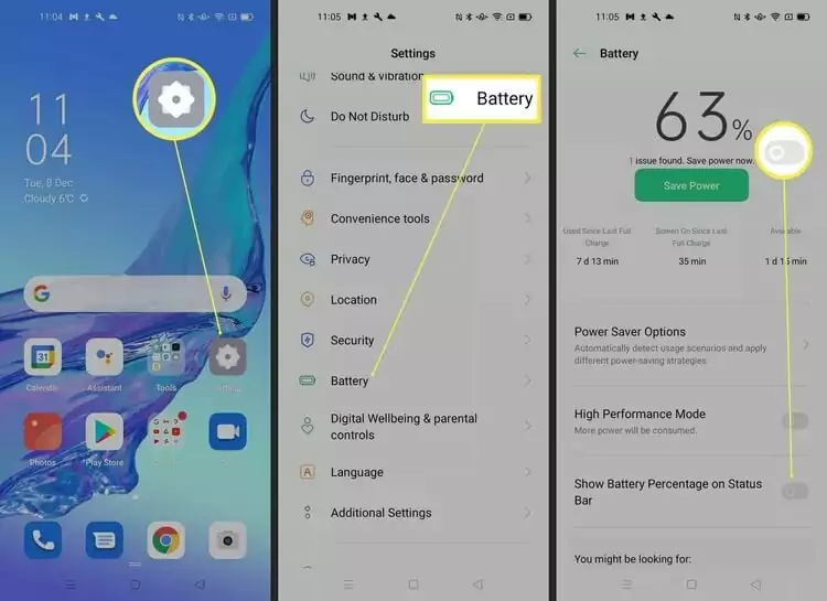 Showing Battery Percentage on Stock Android